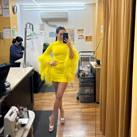 Taller Mamo Canary Yellow Dress w/ Feather Sleeves - Picture 8 of 10